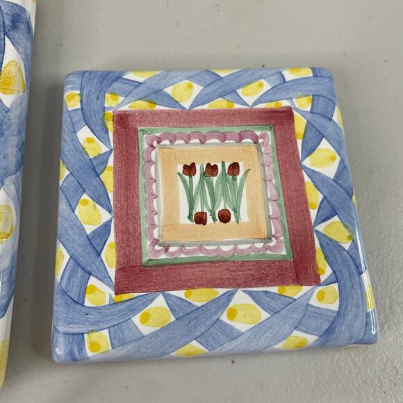 Mackenzie Childs 6X6 & 4X4 Aaslmeer Tiles Trivet Tulips Pastel Floral set of 2 - Picture 3 of 8
